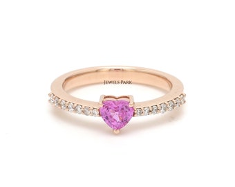 Pink Saphir Herz Ring 14K Gold | Natürliche 5MM Pink Saphir Herzring mit Diamanten | Rosa Herz Solitär Ring gold | Herz Versprechen Ring