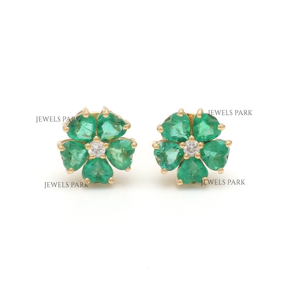 本物のエメラルドとダイヤモンドの花柄スタッドイヤリング ゴールド | 天然ハートエメラルドの花柄イヤリング ゴールド | エメラルドカットエメラルドイヤリングスタッド