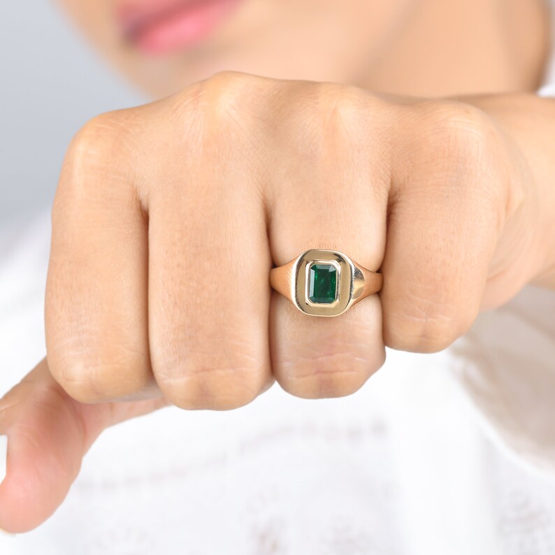 Natural Emerald Pinky Ring in 14k 18k Gold Emerald Cut Bezel Etsy