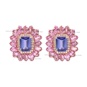 Pink Saphir Oval Tansanit Diamant Ohrring Gold | Natürliche Achteckschliff Tansanit rosa Saphir Ohrstecker | Big Pink Saphir Ohrringe Gold