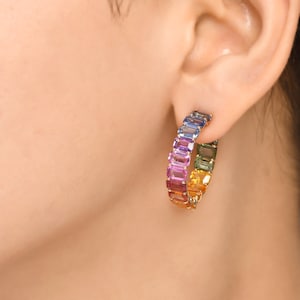 Rainbow Sapphire octagon cut hoops earring in 14k 18k gold | Natural multi sapphire emerald cut dangling hoops | Rainbow ombre earrings gold
