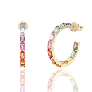 Rainbow sapphire hoop earrings octagon cut in 14k 18k gold | Natural emerald cut multi sapphire dangling hoops | Ombre rainbow earrings gold