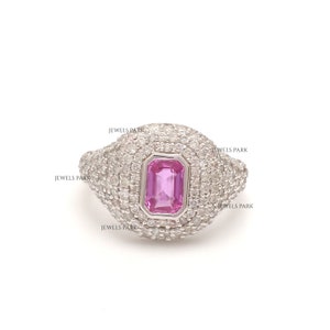 Pink sapphire emerald cut diamond pave ring gold | Natural octagon pink sapphire diamond ring gold | Real pink sapphire diamond ring gold