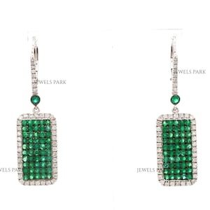 Real emerald pave set dog tag dangling earrings gold | Natural 5CTW emerald diamond dangling earring gold | Emerald cut emerald earring gold