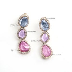 Rainbow sapphire rose cut dangling earrings gold | Natural tumble rose cut sapphire earrings gold | Real rainbow sapphire earrings gold