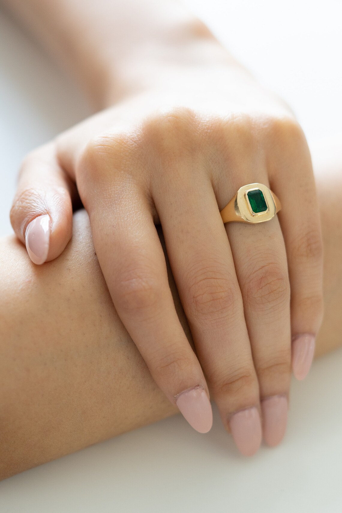 Natural emerald pinky ring in 14k 18k gold Emerald cut bezel Etsy