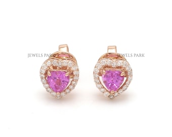 ホットピンクのハート型天然ラボグロウンサファイアスタッドピアス、2