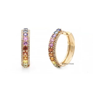 Rainbow Sapphire diamond hoops earrings gold | Natural 3-4ct rainbow sapphire big hoops gold | Rainbow ombre hoops gold | Rainbow hoops gold