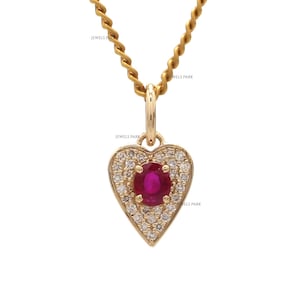 Ruby oval heart shape diamond pendant necklace gold | Natural ruby oval heart shape pendant gold | Heart shape ruby diamond necklace gold