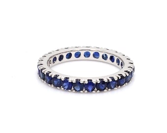 Blue sapphire round eternity band ring in 14K 18K gold | Natural 2.5mm stackable blue sapphire ring gold | September birthstone wedding band