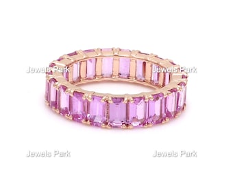 Pink sapphire octagon cut eternity band ring in 14k 18k gold | Natural 6-7 ct 5x3 mm vibrant pink sapphire emerald cut stackable ring gold