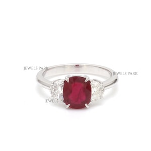 Real ruby diamond three stone ring gold | Natural 2.06CT cushion cut red ruby half moon diamond ring gold | Ruby three stone diamond ring