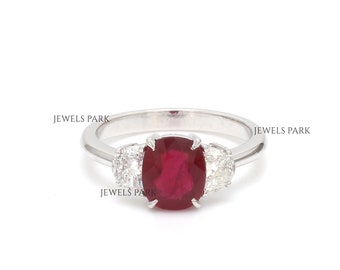 Real ruby diamond three stone ring gold | Natural 2.06CT cushion cut red ruby half moon diamond ring gold | Ruby three stone diamond ring