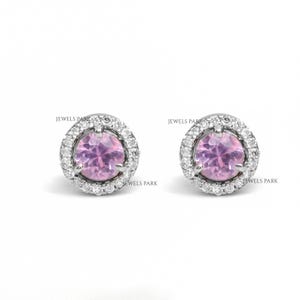 Pink sapphire diamond mini round earring studs gold | Natural pink sapphire diamond mini stud tops earrings gold | Pink sapphire stud gold