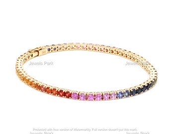14K solides Regenbogen Saphir Gold Tennis Armband | Natürliche echte Saphir rund Regenbogen Farbverlauf Ombre Armband | Regenbogen Tennisarmband gold