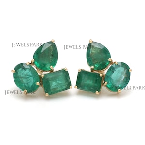 Brinco de tachas grandes em forma de mistura de esmeralda real em ouro 14K 18K | Brinco de tachas de esmeralda com corte esmeralda natural 6CT em ouro | Brincos grandes de esmeralda ouro