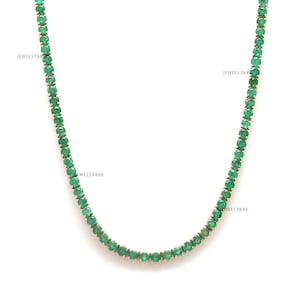Half emerald tennis necklace solid gold 14k 18k | Natural green emerald tennis necklace gold | Unique paper clip chain emerald necklace gold