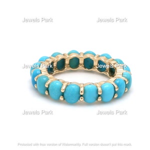 Turquoise eternity band ring oval cabochon in 14k 18k gold | Natural 5x4mm birthstone stackable turquoise ring gold | Turquoise wedding band