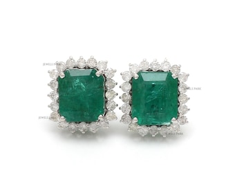 Pendientes de oro con diamantes y esmeralda talla esmeralda / Pendientes de oro con diamantes y esmeralda talla octogonal grande natural / Pendientes de oro con diamantes y esmeralda