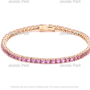 14K solid gold pink sapphire tennis bracelet | Natural pink sapphire round stackable bracelet gold gift | Pink sapphire tennis bracelet gold