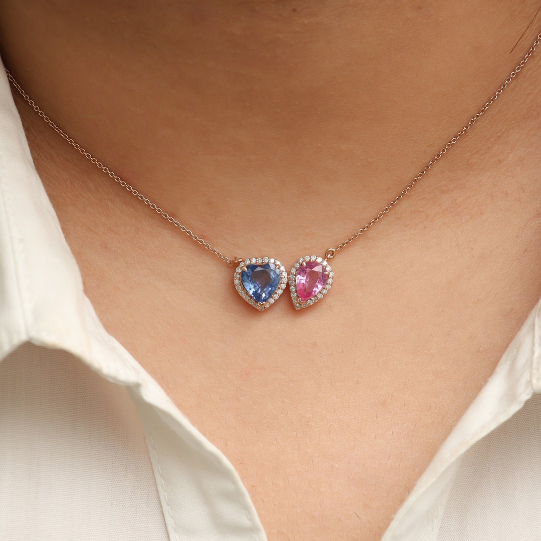 Blue Sapphire Heart and Pink Sapphire Pear Diamond Necklace Gold | Blue ...