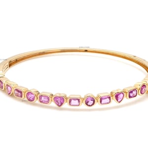 Pink sapphire bangle bracelet gold | Natural mix shape pink sapphire cuff bangle bracelet gold | Pink sapphire stackable bracelet gold