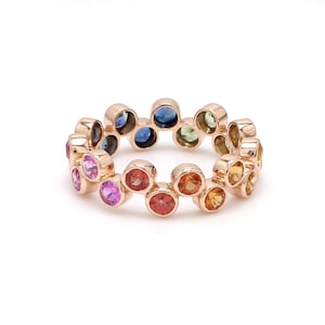 Rainbow sapphire bezel set eternity band ring in 14k 18k gold | Natural 3.0mm multi sapphire pink sapphire stackable ombre rainbow ring gold