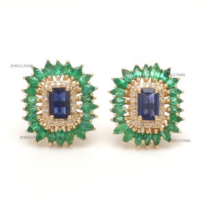 Emerald marquise emerald cut blue sapphire studs earrings gold | Emerald blue sapphire studs earrings gold | Natural emerald earrings gold