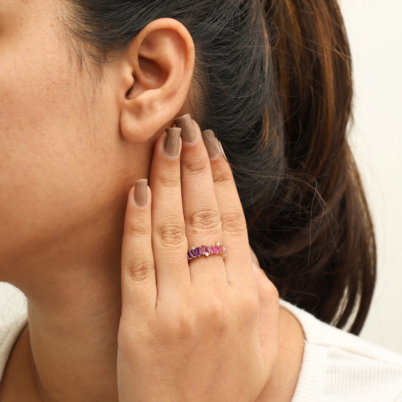 Rainbow gemstone sapphire eternity band ring gold Natural rainbow diamond zig zag ring Rainbow gemstone and diamond ring gold image 4