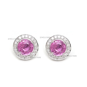 Aretes de aretes de talla redonda con diamantes de zafiro rosa en oro / Aretes de diamantes con halo de zafiro rosa natural en oro / Aretes de zafiro rosa en oro