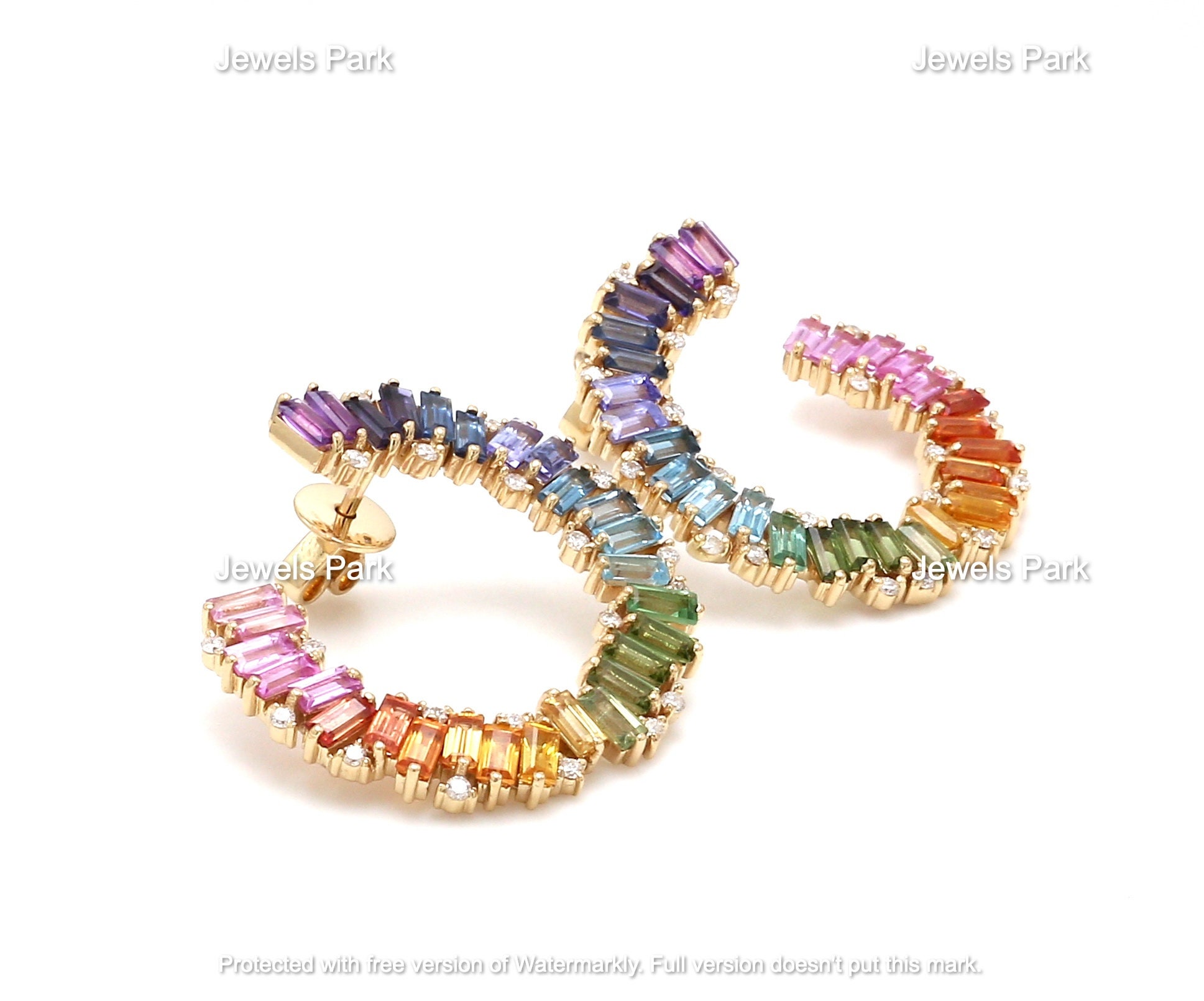 Rainbow Sapphire Baguette Hoops Earrings 14K Solid Gold Etsy UK