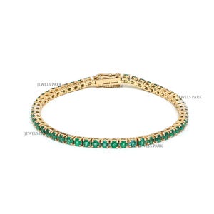 Emerald round tennis bracelet gold | Natural emerald round cut prong set tennis bracelet gold | Emerald tennis bracelet gift for him & her