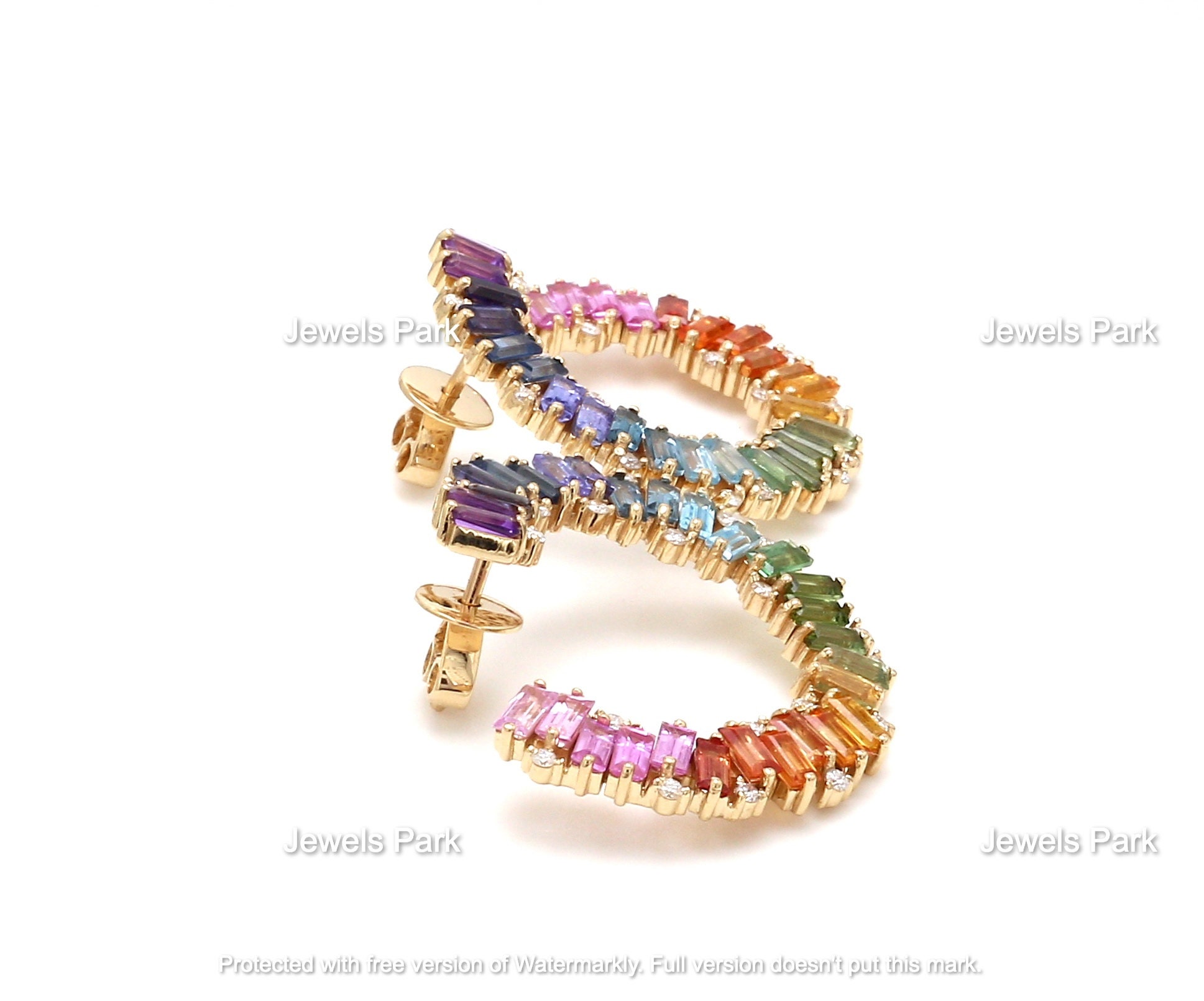 Rainbow Sapphire Baguette Hoops Earrings 14K Solid Gold Etsy UK