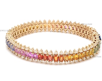 Rainbow sapphire emerald cut tennis bracelet with diamond in 14k 18k gold | Natural multi sapphire tennis bracelet | rainbow bracelet gold