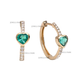 Emerald heart cut diamond mini hoops earrings gold | Natural heart emerald diamond earring gold | Emerald heart diamond mini hoops gold