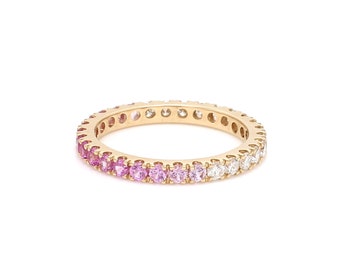 Pink sapphire ombre eternity band ring with diamond in 14k 18k gold | Natural 2mm half pink sapphire half diamond stackable shaded ring gold
