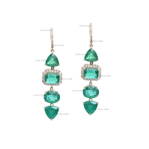 Emerald cut emerald oval and trillion cut diamonds earrings gold | Vintage style emerald dangle earrings gold | Emerald dangle earrings gold
