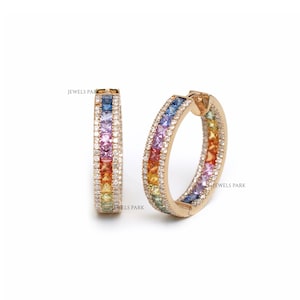 Rainbow Sapphire diamond princess cut hoop earrings gold | Natural channel set sapphire diamond earrings gold | Rainbow ombre hoops earrings