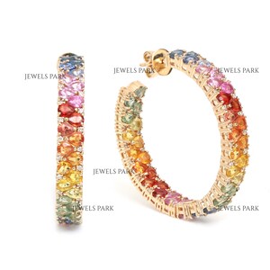 Rainbow Sapphire pear cut hoops earring gold | Natural 40MM rainbow sapphire diamond inside out hoops earring gold | Rainbow earrings gold