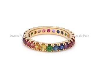 Rainbow sapphire ruby tsavorite tourmaline tanzanite amethyst eternity band ring in solid 14k gold, Natural multi gemstone rainbow ring gold