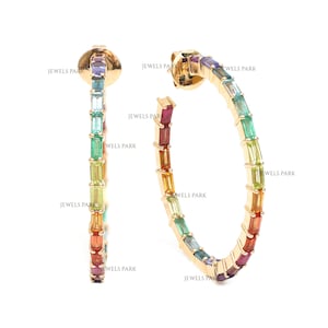 Rainbow sapphire gemstone baguette cut big hoops earrings gold | Natural rainbow gemstone hoops gold | Rainbow ombre gemstone hoops gold