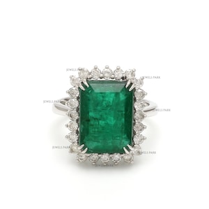 Real emerald cut emerald ring with diamond gold | Big natural emerald with diamond antique ring in gold  | Vintage emerald cut emerald ring