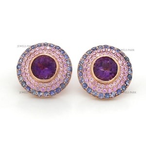 Amethyst groß rund rosa blau Saphir Ohrringe Gold | Natürlicher Amethyst rosa blauer Saphir Ohrstecker | Große Amethyst Saphir Ohrringe Gold