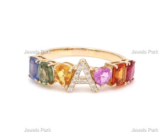 Rainbow Sapphire name letter ring gold | Natural sapphire letter alphabet ring gold | Custom rainbow name ring gold | Emerald cut ring band