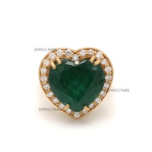Real emerald big heart and diamond ring in 18K gold | Natural 10CTW heart shape emerald diamond ring gold | Emerald cut emerald ring gold