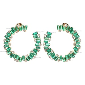 Emerald baguette diamond earrings gold | Natural 8CT baguette cut emerald and diamond big earrings gold | Baguette cut emerald earrings gold
