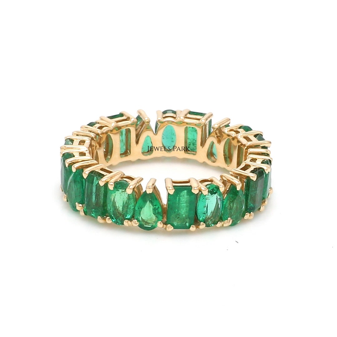 Real Emerald Eternity Band Ring Gold | Natural Mix Shape Emerald Ring ...
