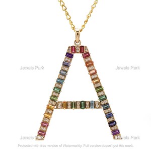 Colar com pingente de letra arco-íris em ouro maciço 14K | Pingente de letra inicial do nome do diamante das gemas naturais do arco-íris | Grande pingente de letra arco-íris dourado