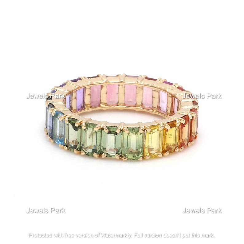 14K Solid Gold Rainbow Emerald Cut Eternity Band Ring | Natural Rainbow ...
