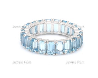 Aquamarine emerald cut octagon shape stackable eternity band ring in 14k 18k gold | Natural 5x3mm 6 ct aquamarine pastel blue ring gold gift